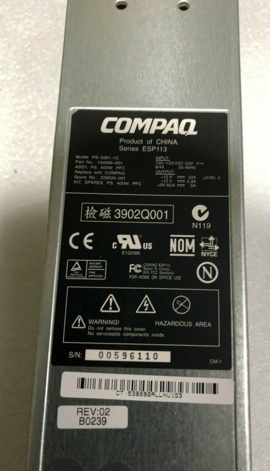 HP Power Supply PN 194989-002, 313299-001, Model PS-3381-1C1, Series ESP113