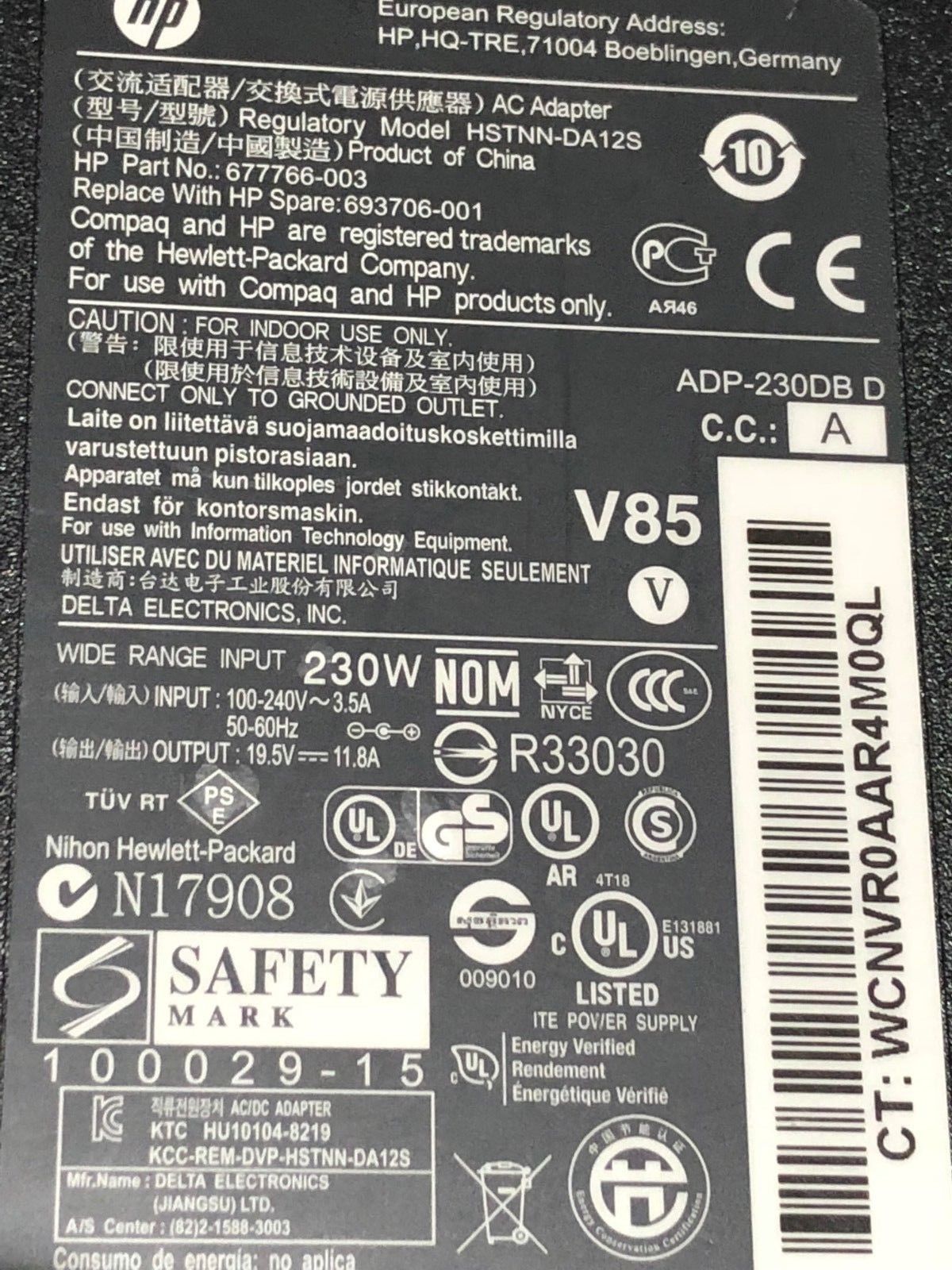 HP Slim Genuine Original HP 230W AC Adapter Charger 67766-003 HSTNN-DA12S
