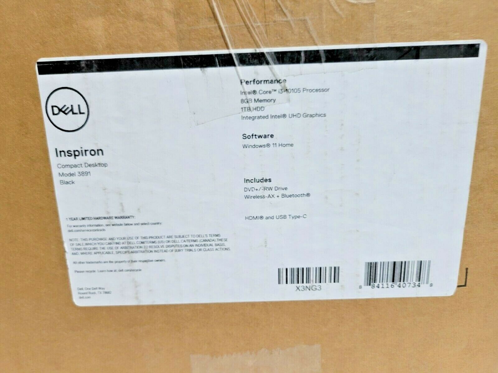 Dell Inspiron 3891 Tower Computer i3-10105 3.70GHZ 8GB 1TB DVDRW Win11 Wifi