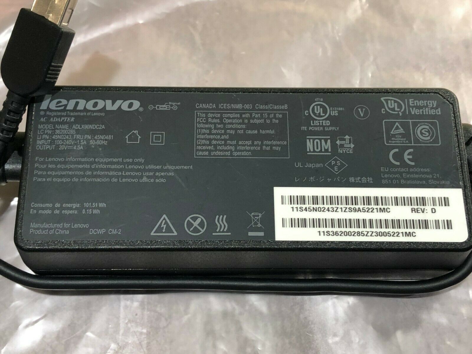 Genuine Lenovo Laptop AC Adapter ADLX90NDC2A 20V 4.5A 90W 45N0243 45N0481