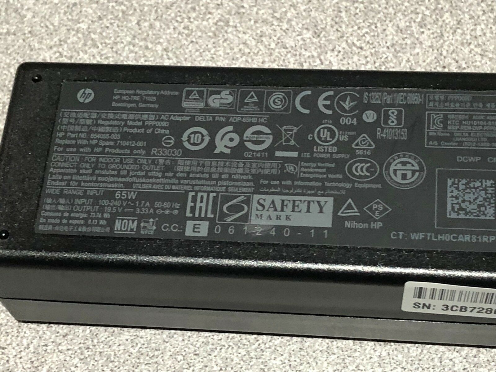 Genuine Original HP 65W AC Adapter ADP-65HB HC 710412-001 854055-003