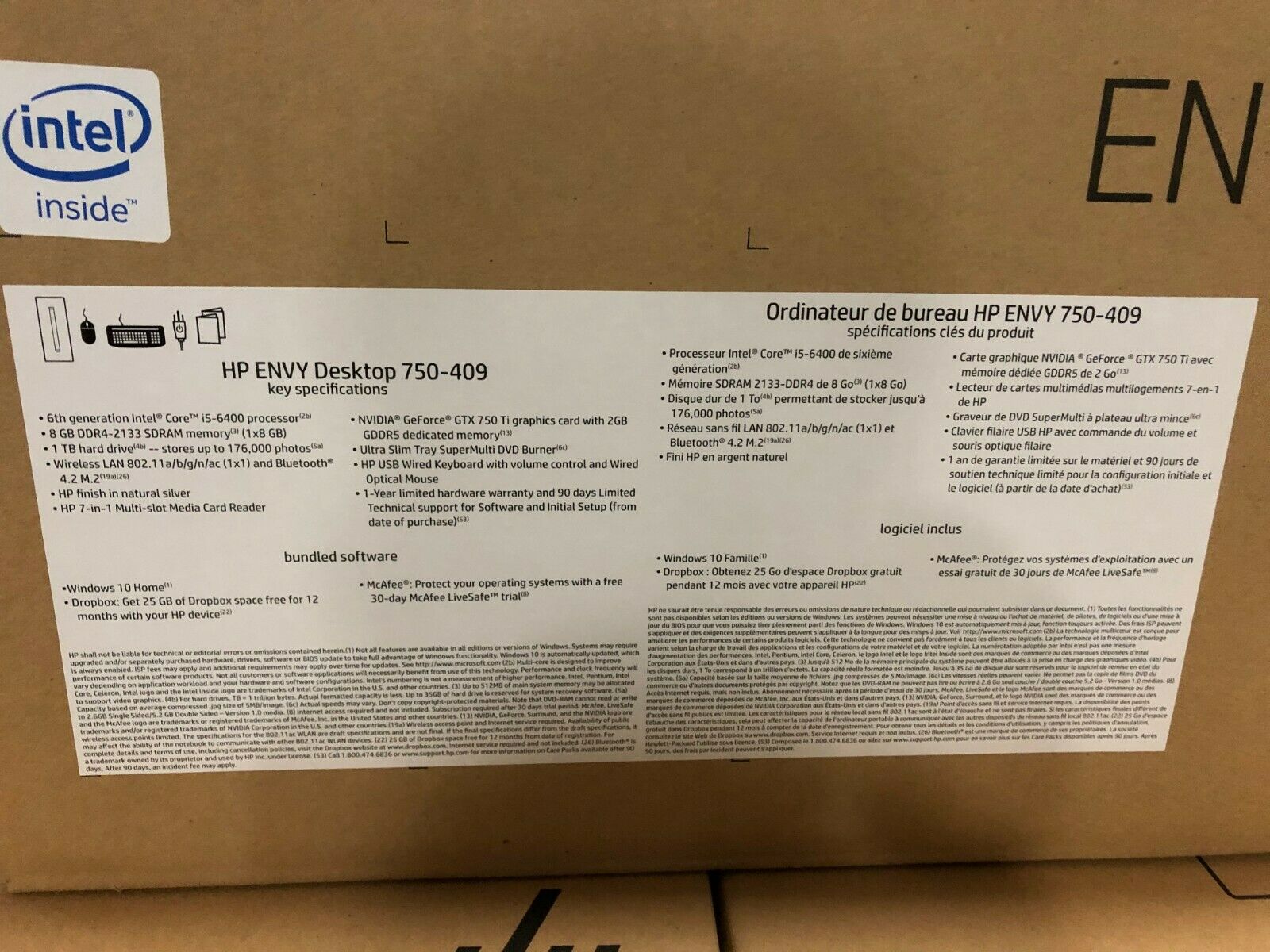 HP Envy 750-409 TWR Core i5-6400 2.7GHz/8GB/1TB/DVDRW/NVIDA2GB/ Win 10 Home Wifi