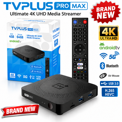 TVPLUS PRO MAX Android 4GB+64GB IPTV TV Box 2.4/5G Duo Band WiFi 600M BT Remote