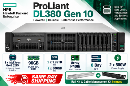 (Refurbished  Excellent)HPE ProLiant DL380 Gen10 8Bay SFF 2x Intel Xeon Gold 5215 2.50GHZ 96GB RAM 5.4TB SSD 2xPSU