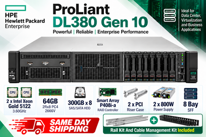 (Refurbished  Excellent)HPE ProLiant DL380 Gen10 8Bay SFF 2x Intel Xeon Gold 5122 3.60GHZ  64GB RAM 2.4TB SAS 2xPSU