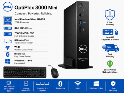(Open Box) Dell OptiPlex 3000 Mini PC Intel Pentium Silver J5005 2.0GHz 8GB DDR4 256GB NVMe WiFi Bluetooth Windows 11 Pro – 1 Year Warranty