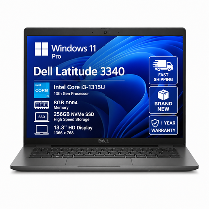 Dell Latitude 3340 13.3" Business Laptop - Intel i3-1315U - 8GB - 256GB NVMe SSD - Windows 11 Pro - Gray - 1 Year Warranty- Brand New