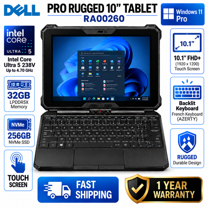 (Open Box) Dell Pro Rugged 10 Tablet RA00260  Intel Core Ultra 5 238V 4.70GHZ 32GB 256GB NVMe Touch Screen, French Keyboard, Windows 11 Pro – 1 Year Warranty