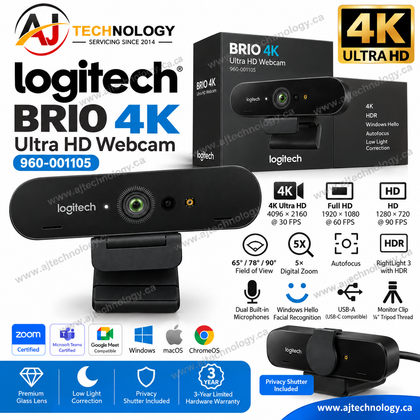 960-001105 - Logitech BRIO 4K Ultra HD Webcam 960-001105 90FPS HDR Windows Hello USB 3.0- Brand New