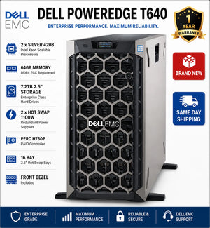 Share Dell PowerEdge T640 2x Silver 4208 64GB 7.2TB 16Bay H730P 2PSW 1100W Brand New