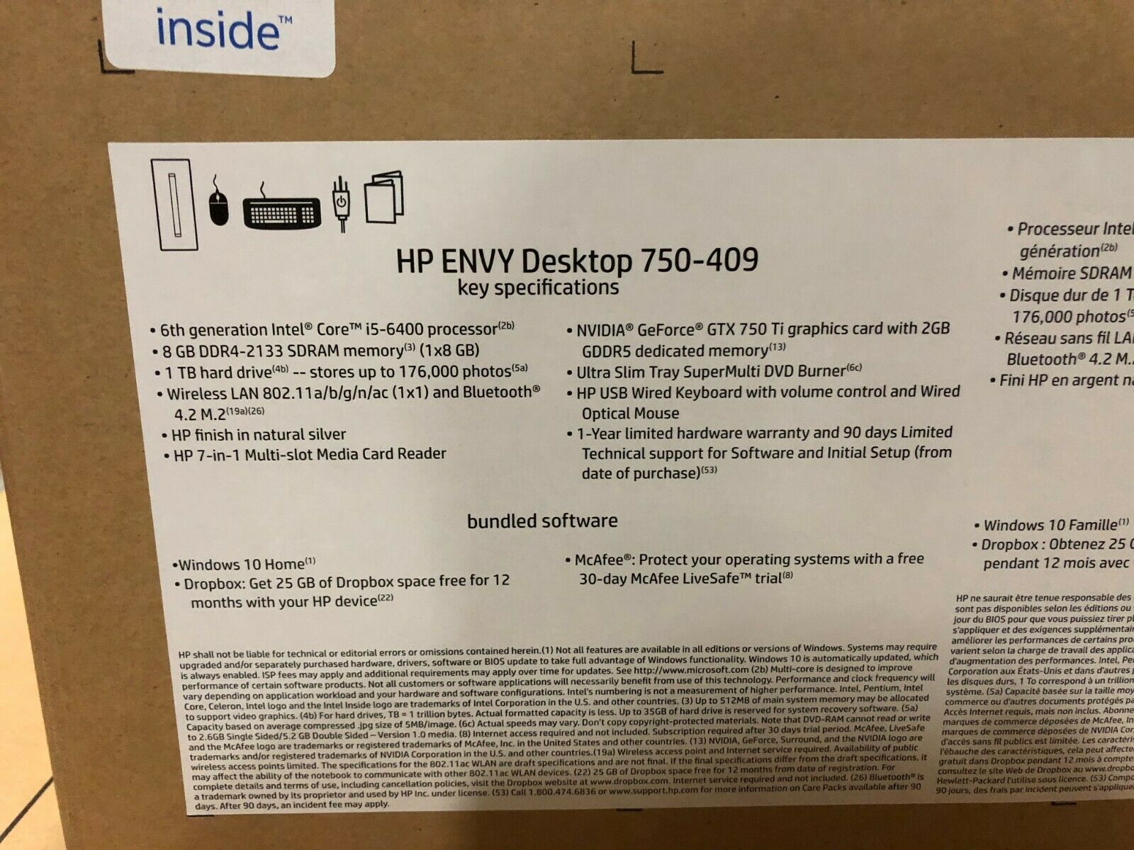 HP Envy 750-409 TWR Core i5-6400 2.7GHz/8GB/1TB/DVDRW/NVIDA2GB/ Win 10